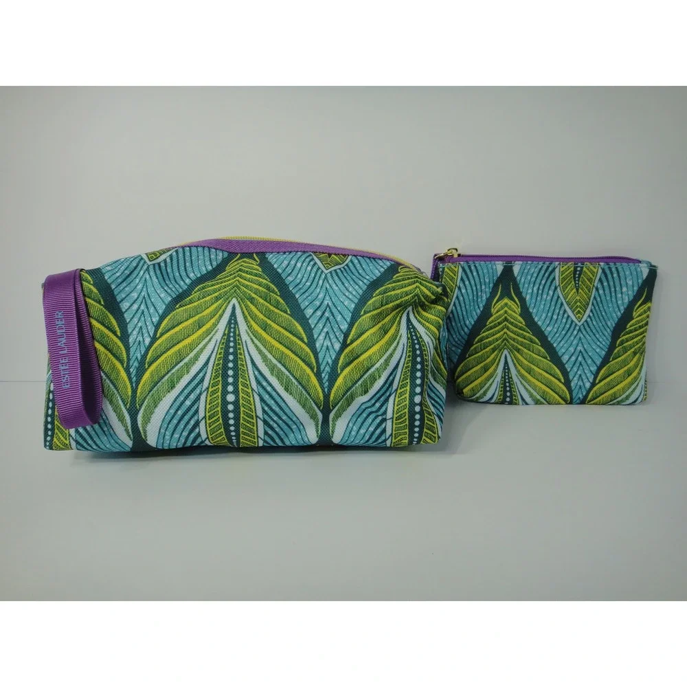 Estee Lauder Makeup Bag Set Teal Green Leaf Print Travel Toiletry Case 2 Piece